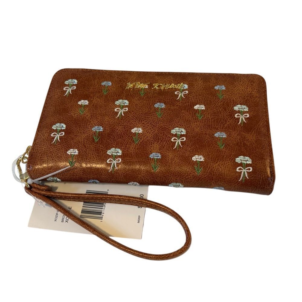 Brown Floral Women's Wallet w/ Blue & White Embroidered Flowers. Very Pretty